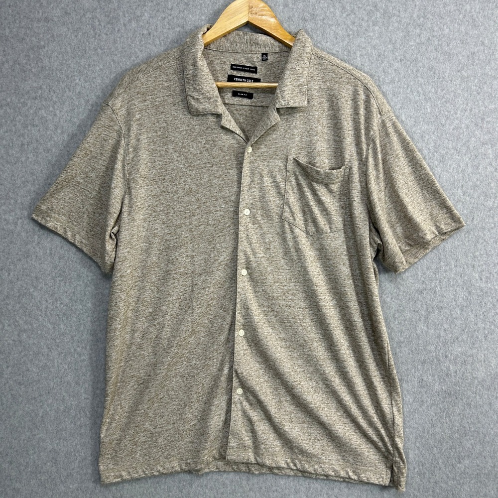 Kenneth Cole Button Down Shirt Tan Linen Blend‎ Slim Fit Collared Casual Mens XL